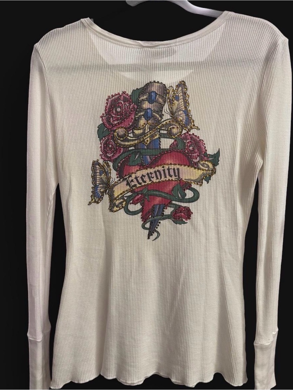 Royalty For Me Cream Long Sleeve Graphic Thermal Tee with Multicolor Design